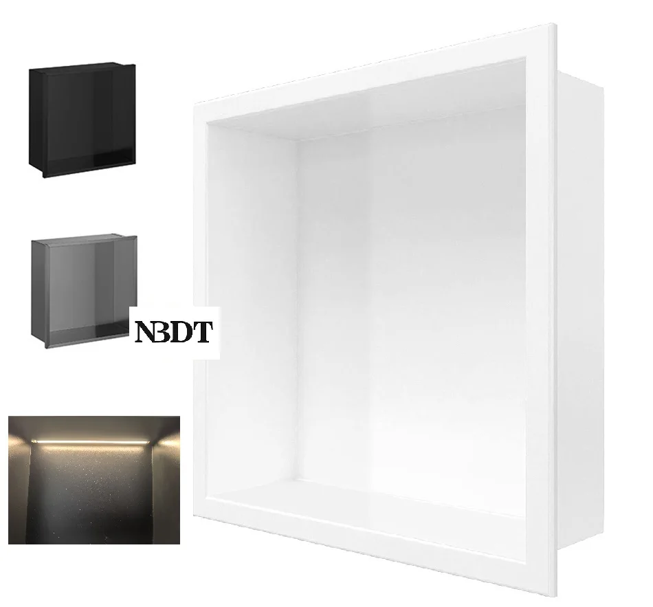 1Piece Square SUS304 Lacquered Recessed Bath Wall Niche LED Light Single Shelf Organizer White Black Grey