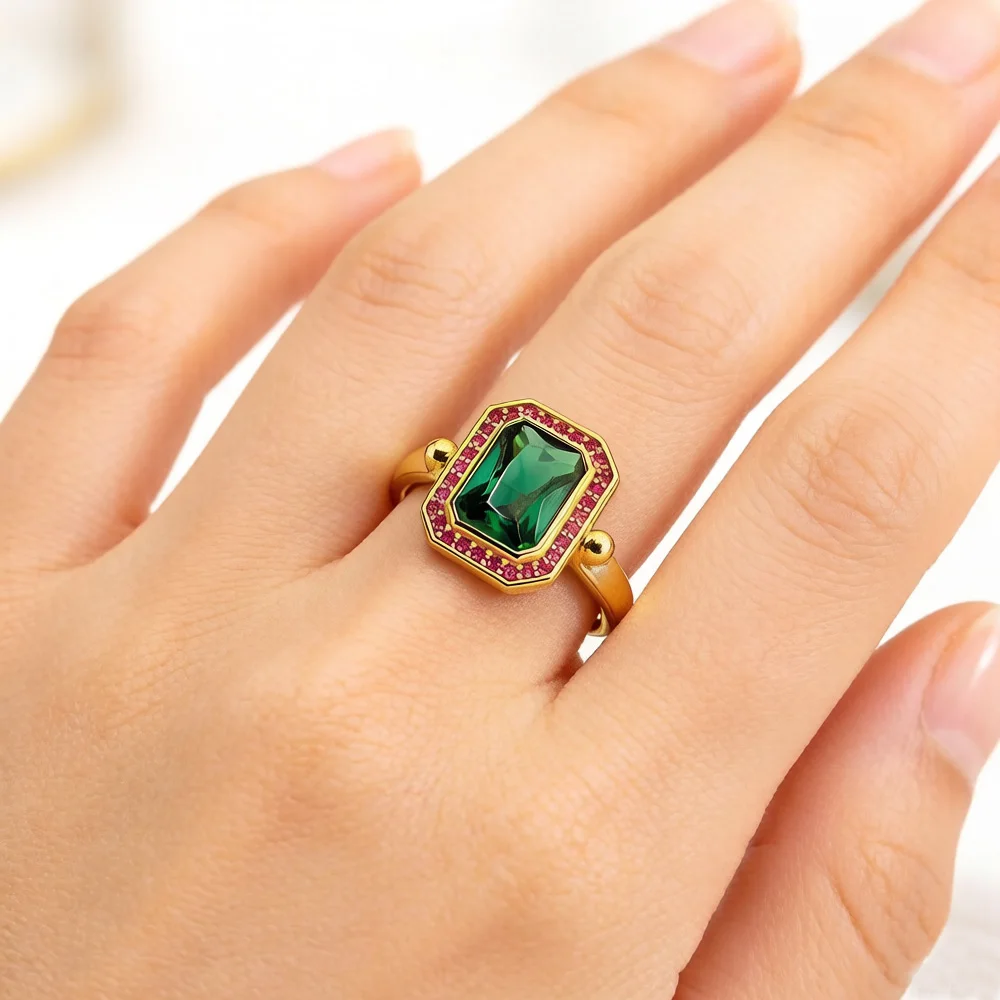 Goldener Ring mit roten und grünen Steinen, edler Schmuck für Damen, Frühling, brandneues Bohemia-Geschenk aus reinem 925er Sterlingsilber – Detail 5