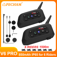V6 PRO Motorcycle Bluetooth Helmet Intercom Headset 850mAh & 1500M Interphone Communicator for 6 Riders Waterproof Music Player