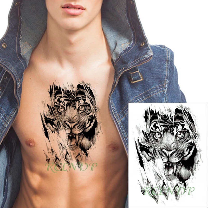 Waterproof Temporary Tattoo Sticker Roaring Tiger Head Paw Big Cat Animal Tatto Black Flash Tatoo Fake Tattoos for Men Women