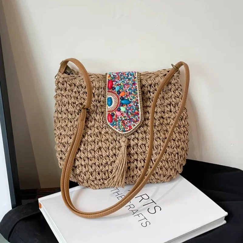 

National Style Straw Woven Square Shoulder Bags 2025 Hot Sale Casual Tassel Beaded Grace Retro Stylish Design Crossbody Bags