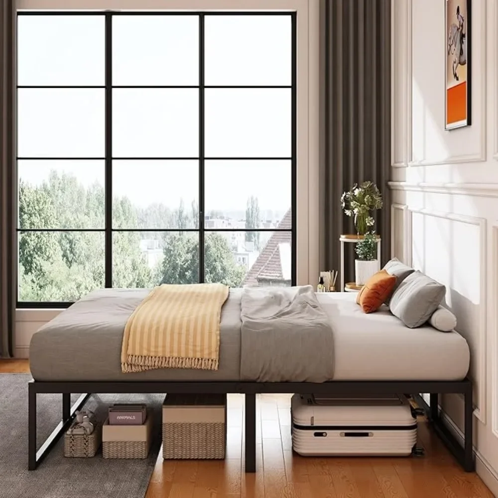 16 Inch Bed Frame, No Box Spring Needed, Heavy Duty Metal Platform Queen Size Bed Frame, Strong Steel Slats Support