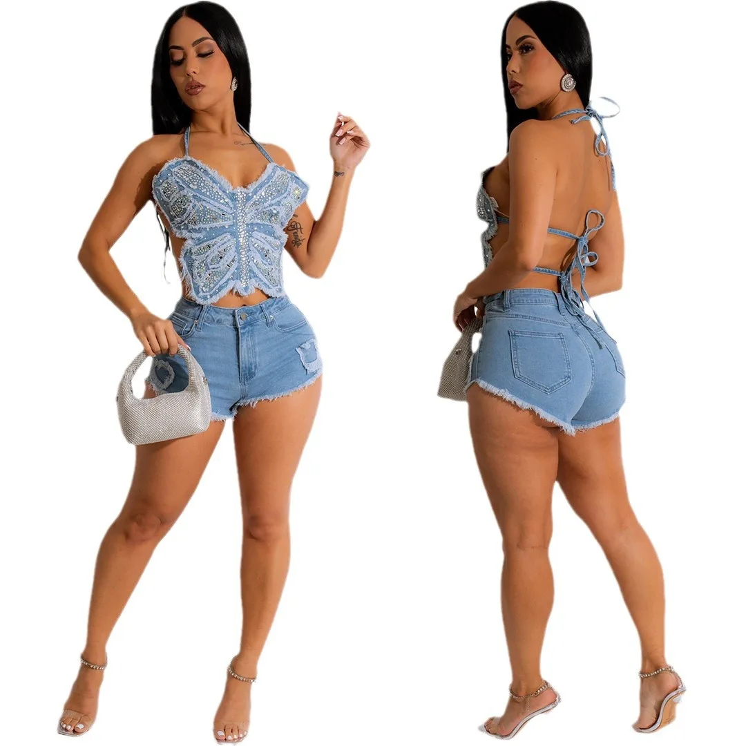 بلوزة من قماش الدنيم بحزام على شكل فراشة متألقة - غسيل وحاشية خام لمشاعر الصيف