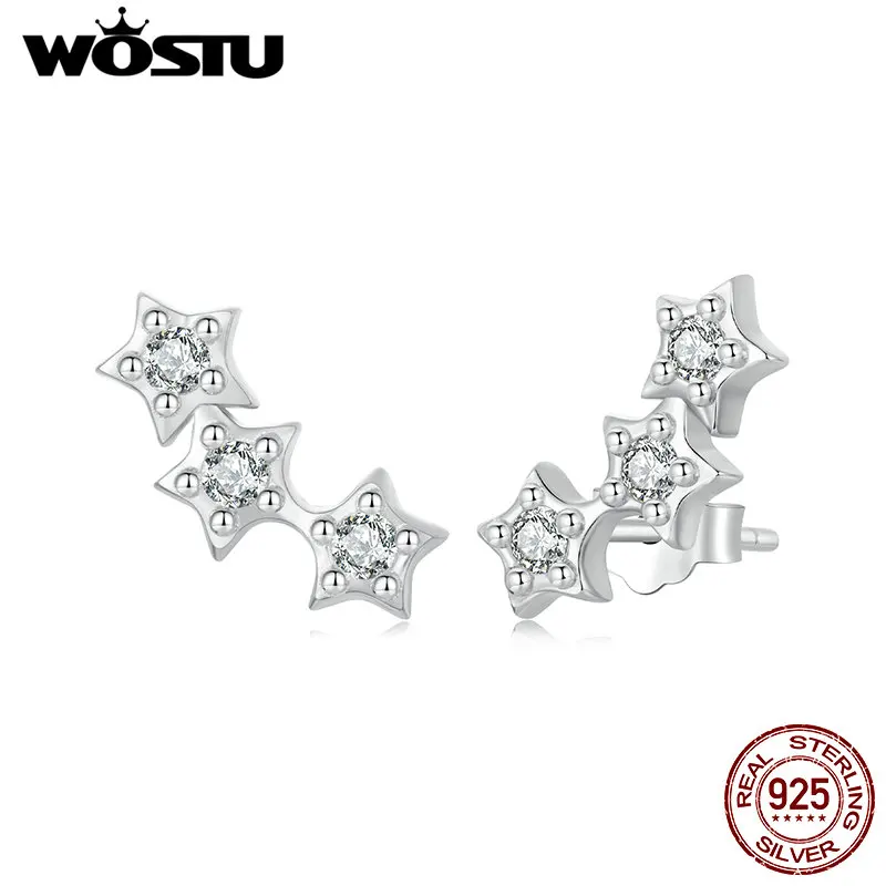 WOSTU 925 Sterling Silver Star Stud Earrings Women Shiny AAA Zircon Multi Layer Ear Studs Wedding Jewelry pendientes Party Gift