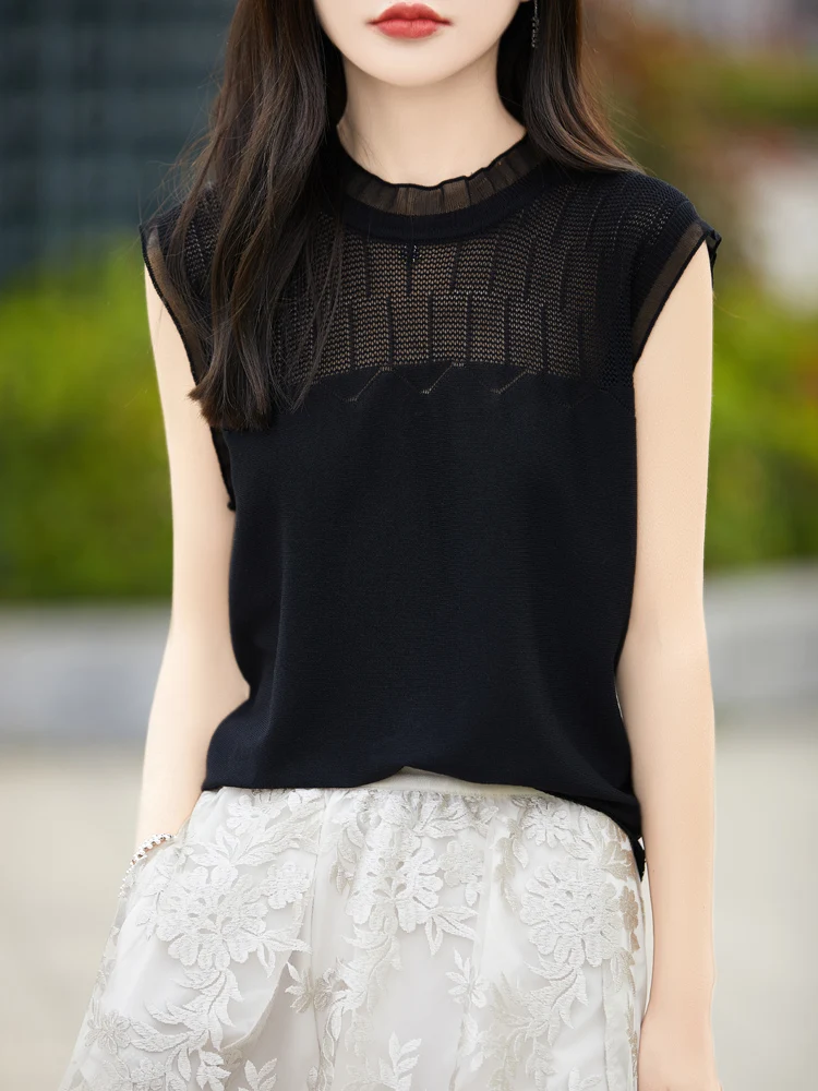 

Solid Office Lady Sleeveless Cut-out Lace Patchwork Round Neck Waistcoat Casual Simplicity Temperament Summer Women's Clothing