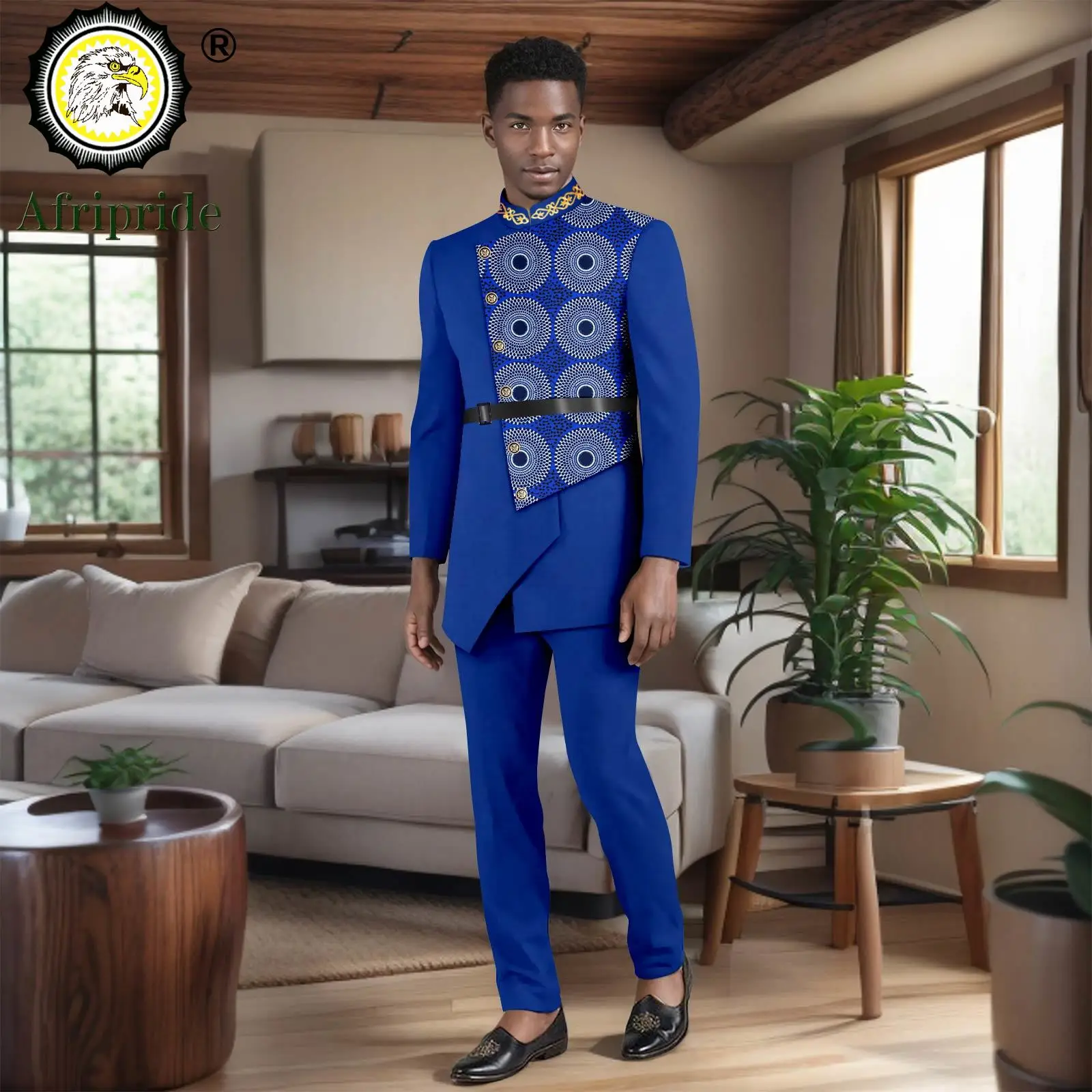 African Suits for Men Single Breasted Print Jackets and Pants 2 Piece Set Dashiki Clothes Formal Outfits with Belt 2516007