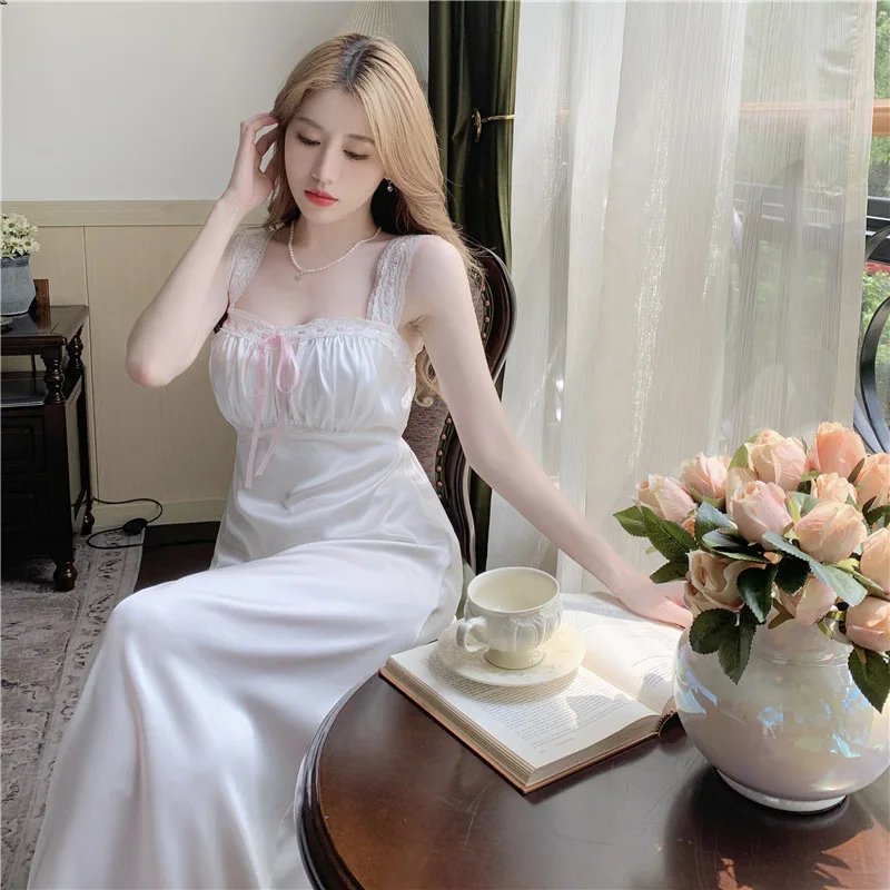 French Style Lace Nightgown Women Long Sleepshirt Sexy Spaghetti Strap Nightwear Rayon Lounge Wear Elegant Robe Gown Lingerie