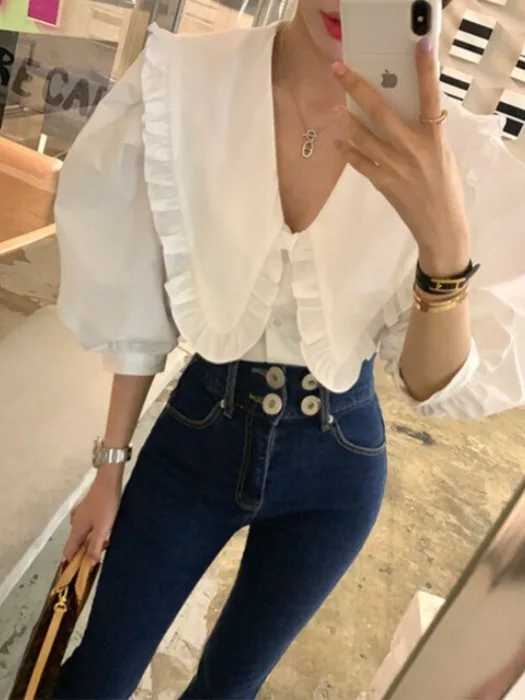 

Блузка женская East Gate 2026 New Sle с воротником-стойкой, рукавами-фонариками, на одной пуговице, свободного кроя, из хлопка, модная, в стиле Agel