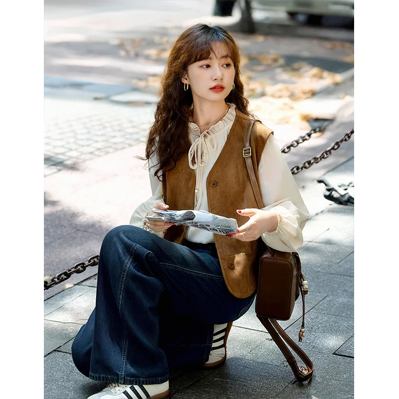 Otoño coreano sensación de gama alta mujer ligero Maturi Sle irt chaleco Jeans camiseta conjunto de piezas Faionable Casual largo Sve irt