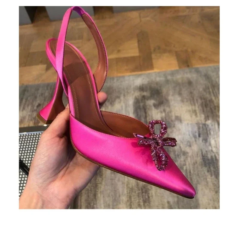 2025 Summer New Stiletto Heel Pointed Toe Strap High-Heeled Sandals Women\'s Rhinestone Bow Pumps