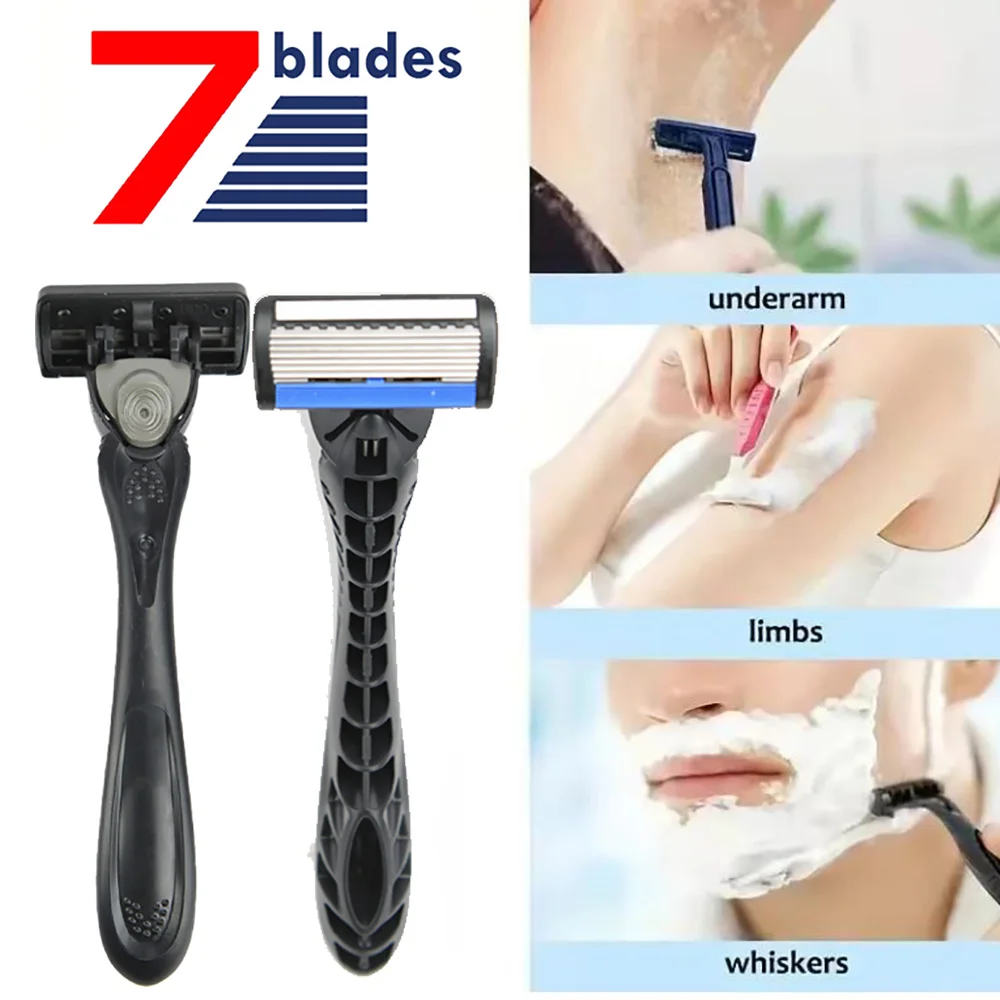 With 7Pcs Razor Head Manual Razor for Men Seven Layer Blade Stainless Steel Blades No Skin Damage Old Style Blades Shaver Heads