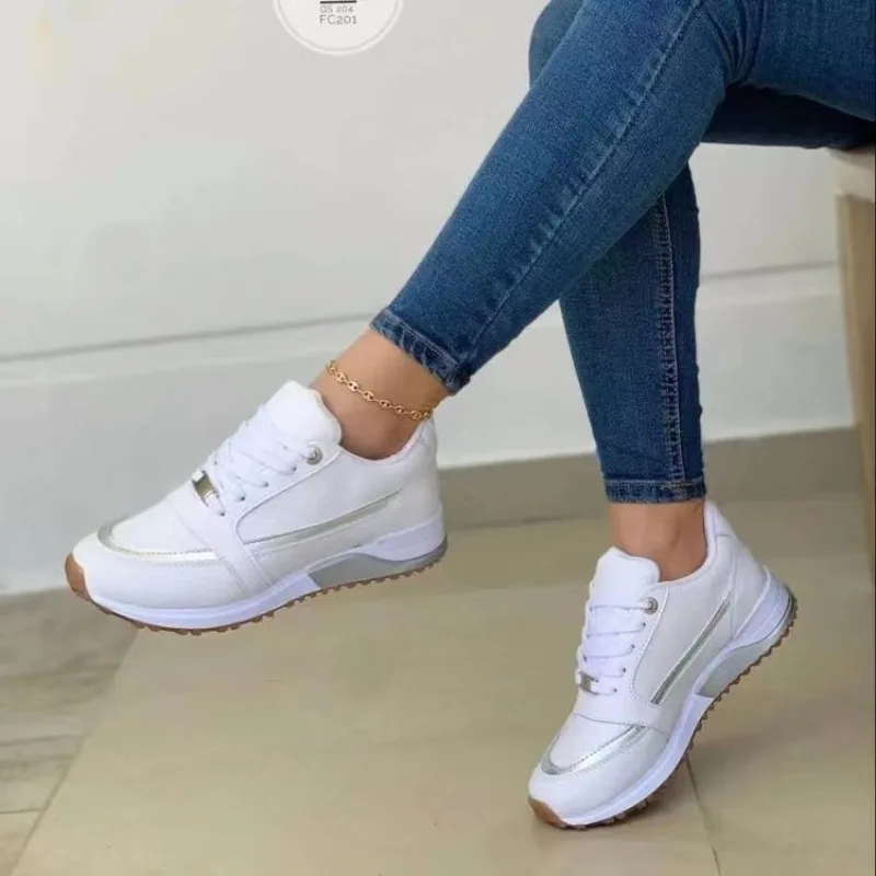 Zapatillas de deporte informales para mujer, zapatos deportivos planos con cordones para correr y caminar, calzado transpirable vulcanizado, novedad