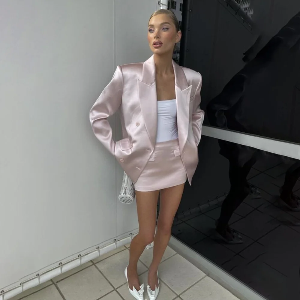 Elegant Women Suits Pink Satin Solid Color Outfits Luxury Wedding Party Tuxedo Formal Occasion Office Pants Sets 2 Pieces