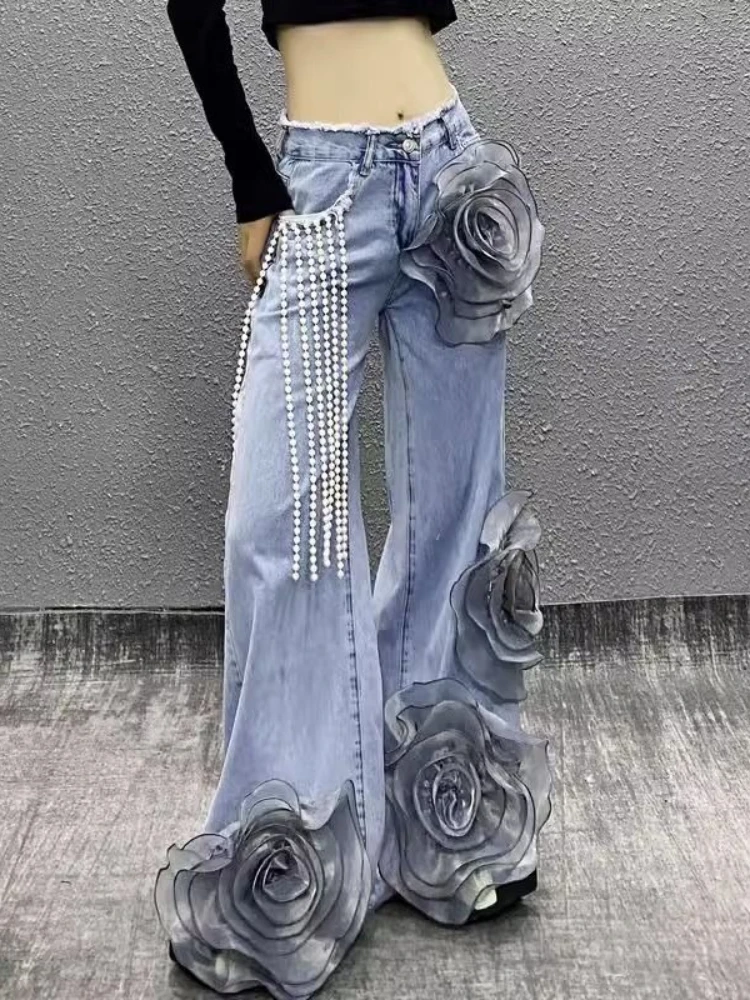 

2025 Spring Summer New Wide Leg Pants Three Dimensional Flowers Tassel High Waist Jeans Fashion Elegant Design Women's Clothing