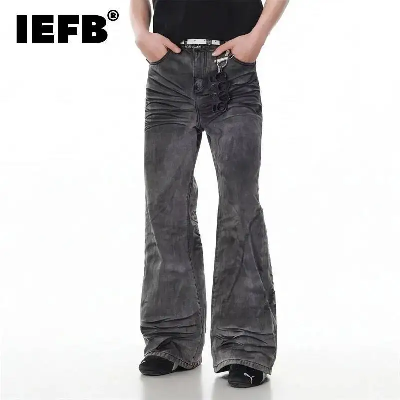 IEFB Men's Black Distressed Straight Leg Jeans American High Street Vibe Style Slightly Ripped Denim Pants Summer Bottoms 9X3240