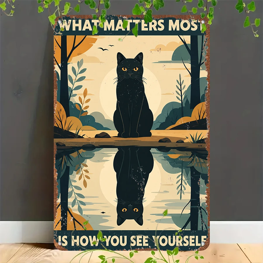 2D flat retro metal tin plate, Vintage Black Cat Self-Love Tin Sign, Suitable for home, garage, café, bar and garden decoration