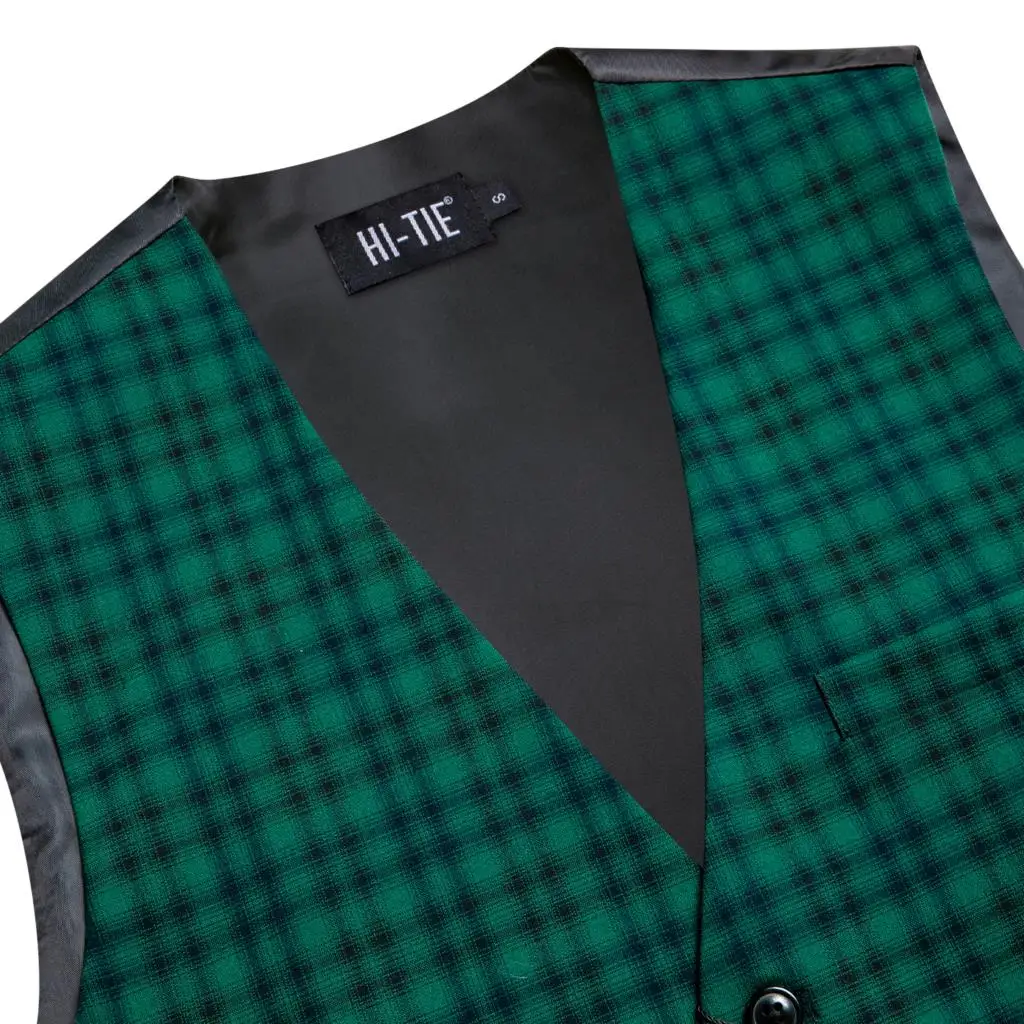 Hi-Tie Green Multi Viscose Men Vest Jacquard Check Dress Suit Waistcoat Sleeveless Jacket for Male Wedding Business High Quality