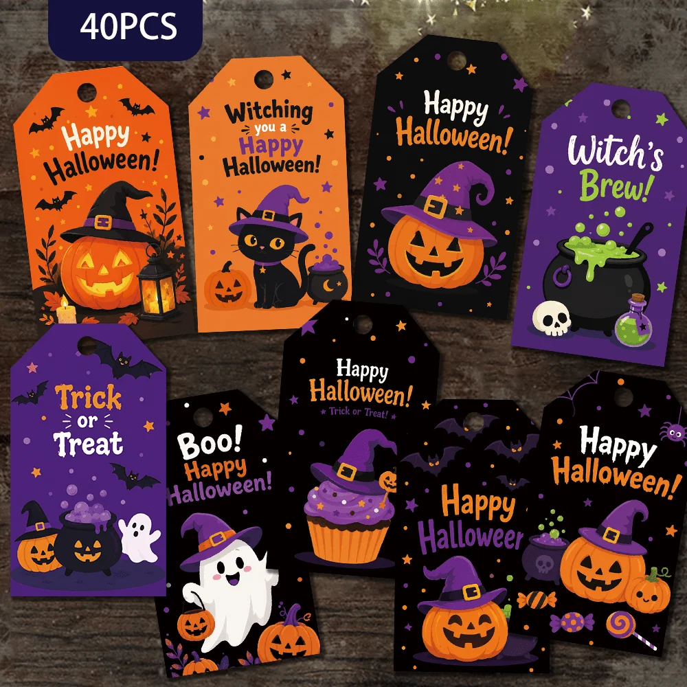 40pcs Fun Halloween Decorative Tags, Holiday Gift Labels, Party Decorations, Handmade Packaging Accents, Jute Rope