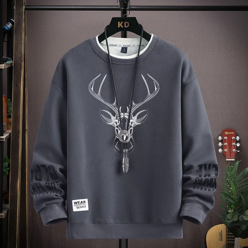 Autumn Men\'s Sweatshirt Hoodies Reindeer Printed Long Sleeve T-shirt Fashion Men\'s Clothing Black O Neck Harajuku Top 2024 New