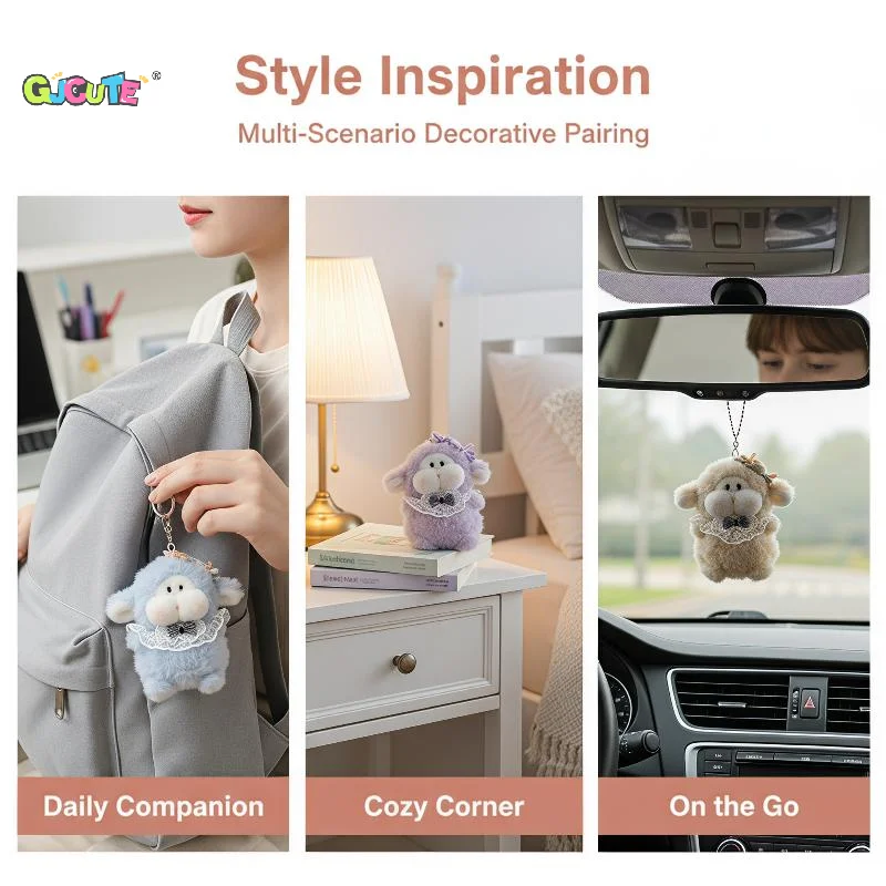 Cute Fluffy Plush Sheep Pig Hamster Keychain Lace Bow Multicolor Birthday Gift For Kids Girls