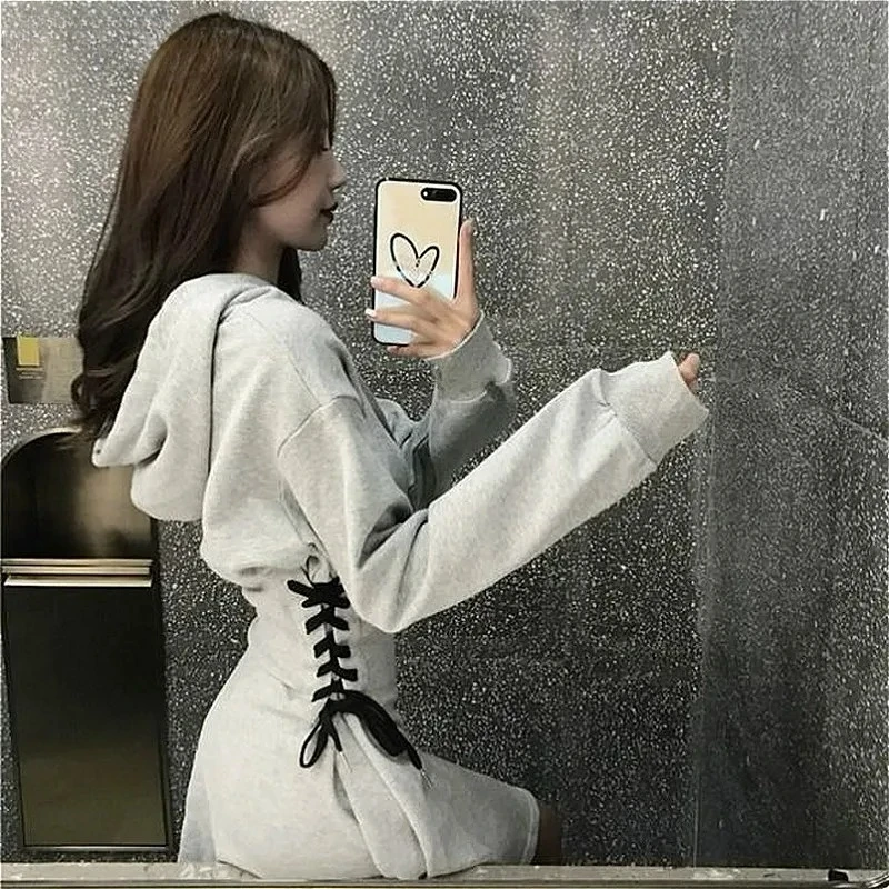 Mini Vintage Solid Hooded Empire Spring DailyLong Sleeve Dress Women Gray Classy Slim Popular Stylish All-match Ins Criss-cross