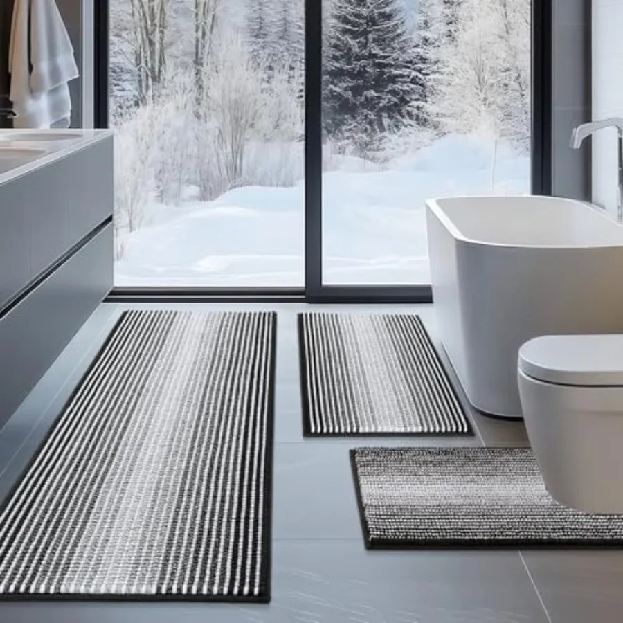 

Bathroom Rugs Sets 3 Pcs Toilet Rugs U-Shaped Contour Bath Mat Set Long Striped Absorbent Non Slip Chenille Shower Mat