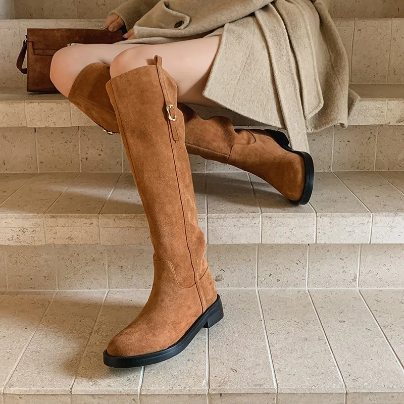 

Arden Furtado Autumn Burgundy cowhide Riding boots Round toe Slip-on Middle heel Knee high boots Belt buckle Women's Boots