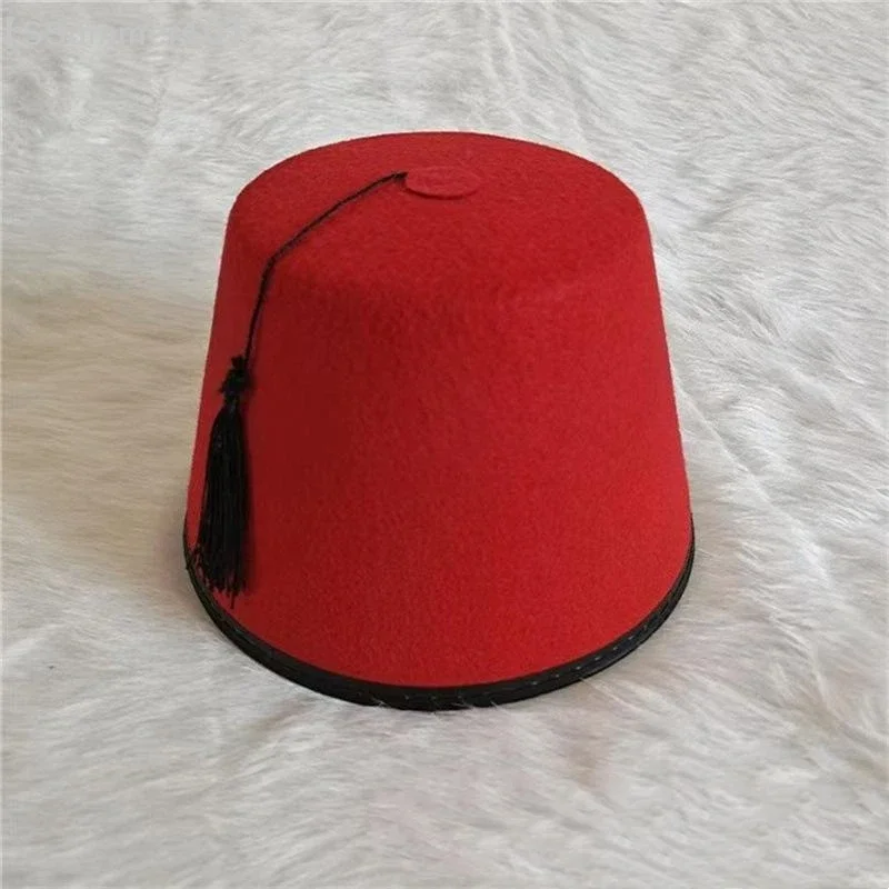 【SSummer10】Chapeau Fez Rond en Feutre Respirant Rouge, Chapeau Marocain, Chapeau Cosplay Turc à Pompons, Fournitures de Festival【SS】