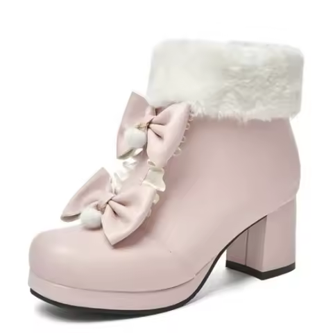 Japanese Lolita Cute Girls Short Booties Fluffy Round Toe Kawaii Anime Cosplay Platform Heels Women Shoes Sweet Bow Ankle Boots