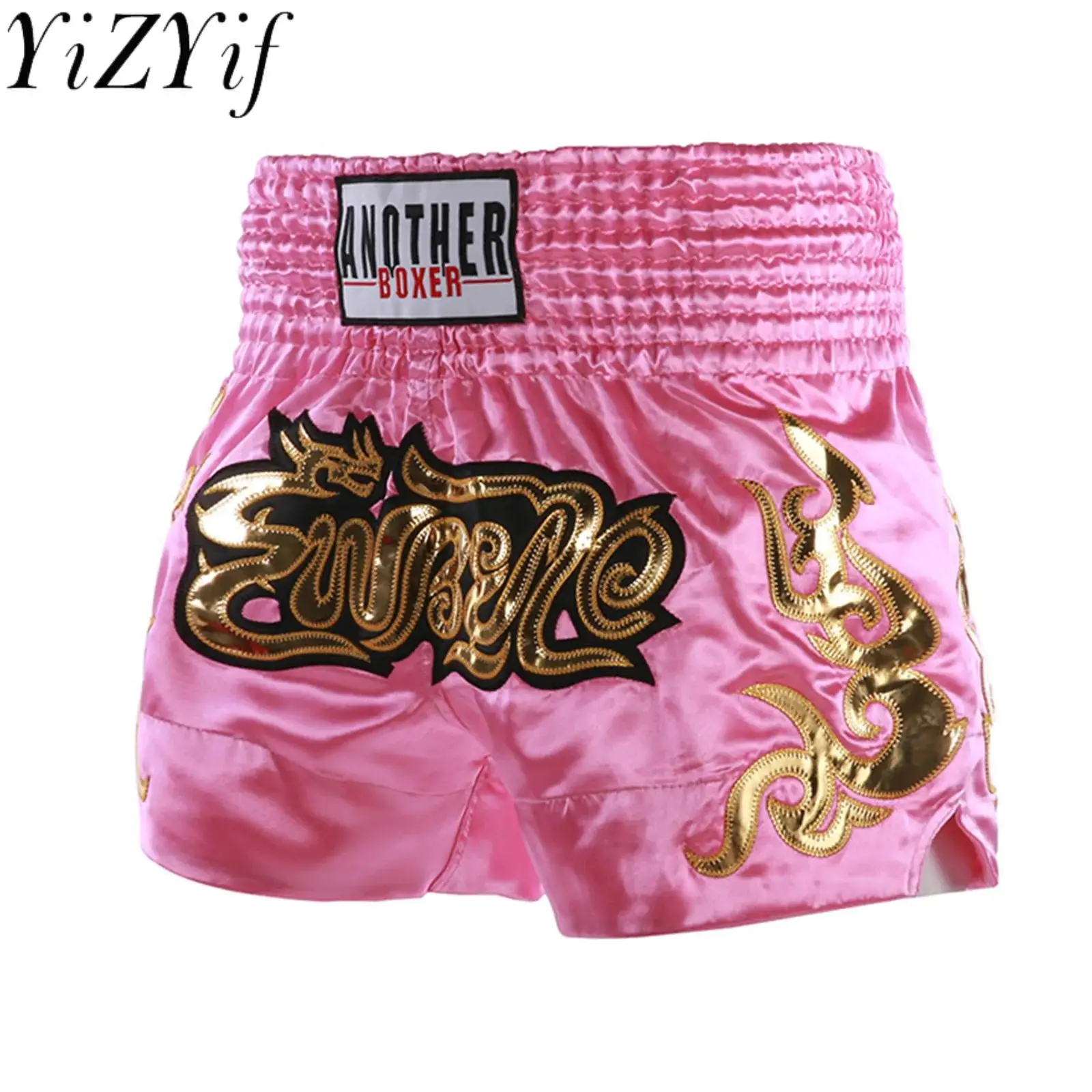 Kids Boys Muay Thai Shorts Kick Boxing Training Fitness Trunks Metallic Letter Side Slit Satin Boxing Shorts Kickboxing Shorts