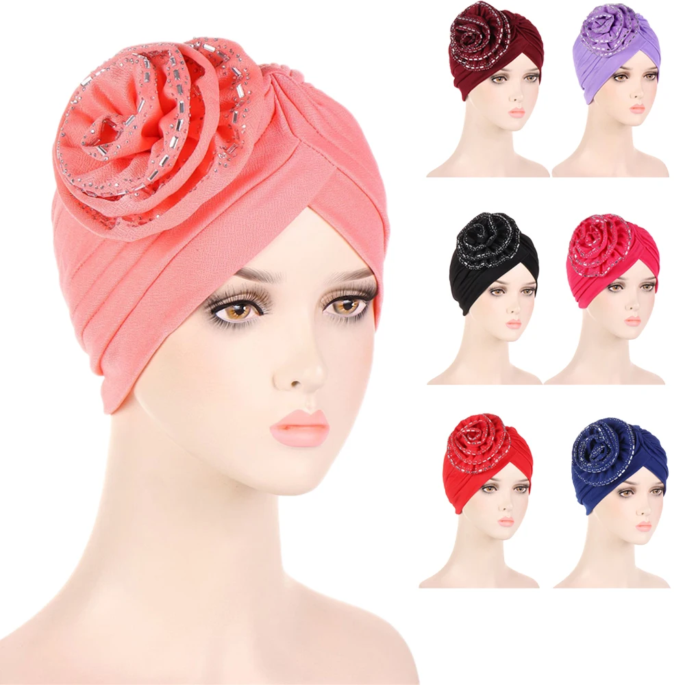 

2024 Big Flower Turban Indian Pleated Hat Chemo Cap Women Headscarf Muslim Hijab Diamonds Beanies Bonnet Hat Hair Loss Headwear