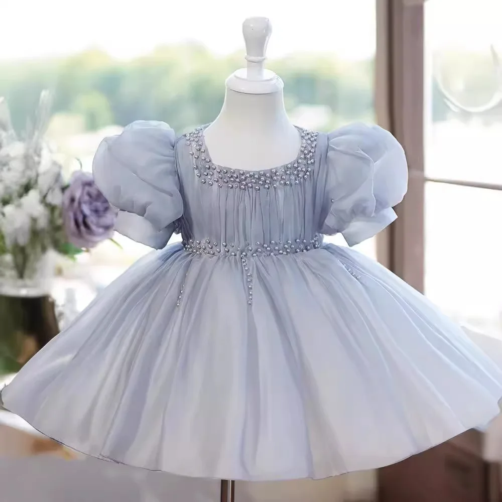 

Girls Princess Grey pearls Beading luxury Children tutu Wedding Gown flower girls Kids Dresses baby infant Birthday Party Dress