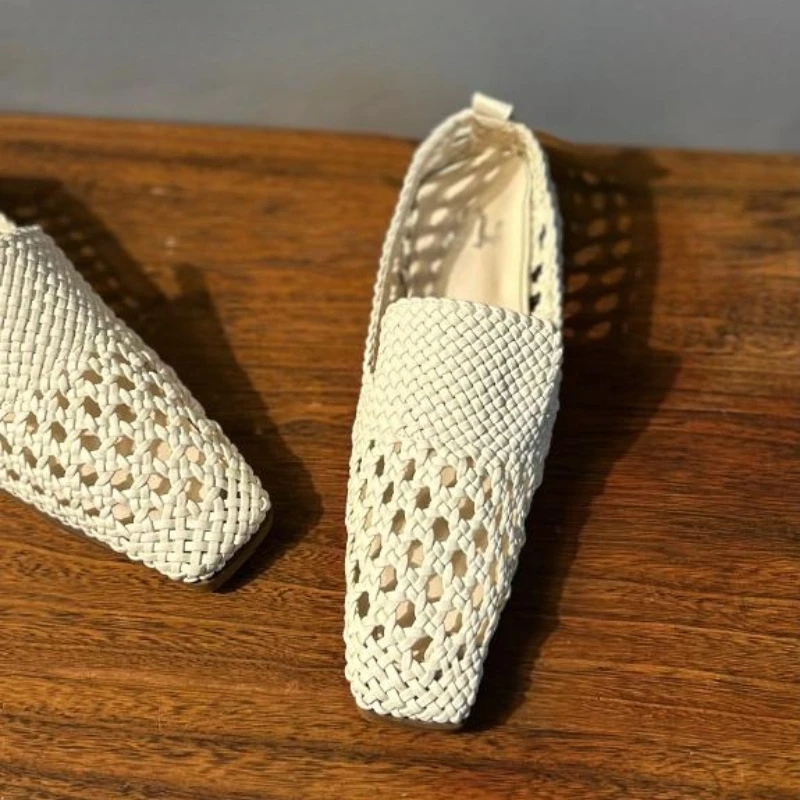 Vintage Cute Women Genuine Leather Hollow Breathable Mesh Flat Shoes, Casual Slip on Lazy Fisherman Lightweight Daily Loafers
