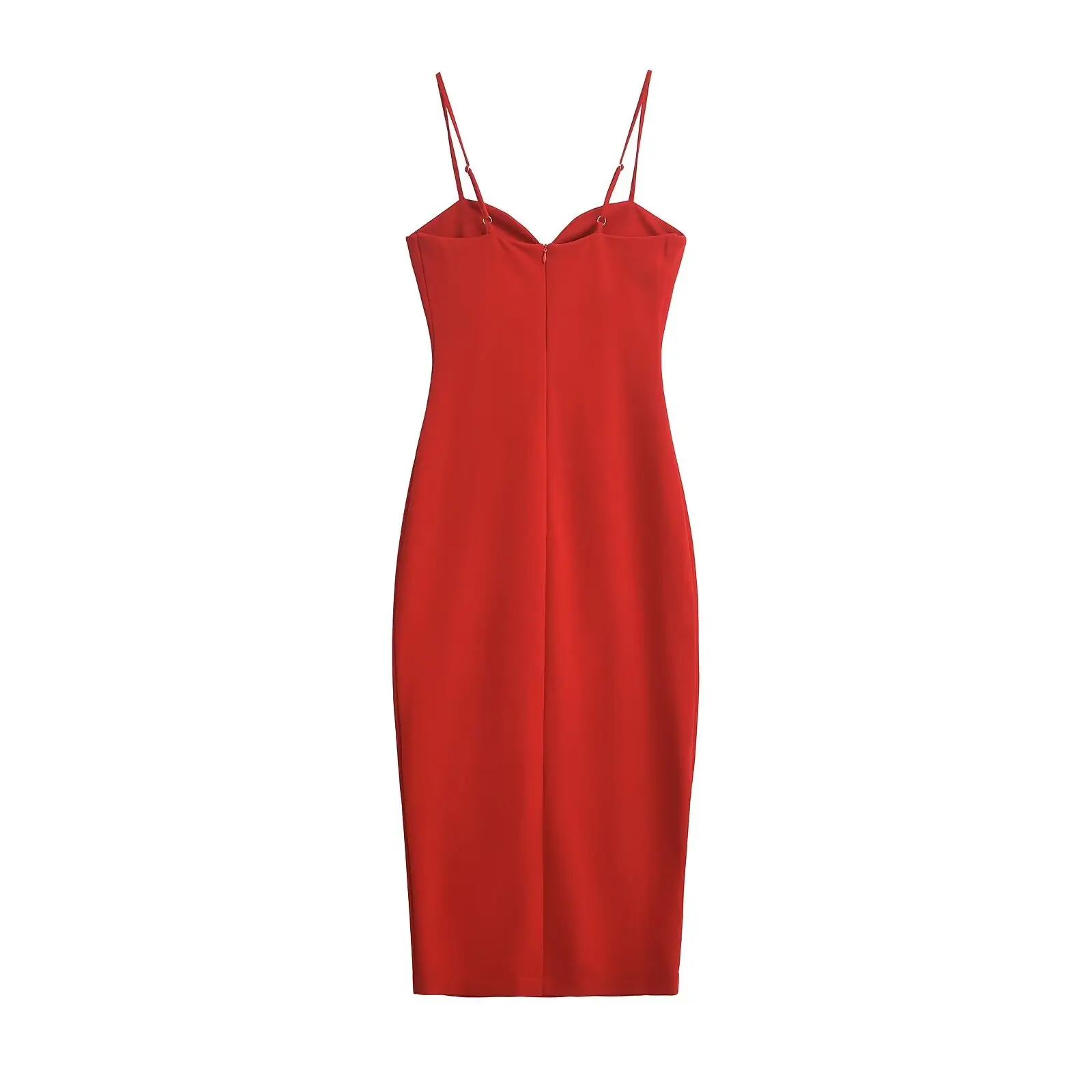 TRAF Sexy Women Thin Straps Back Zipper Slim Midi Red Dress Female Elegant Christmas Party Dresses