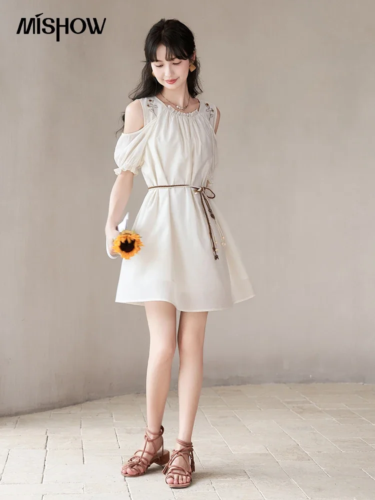 MISHOW Embroidery Sunflower Dress Summer 2023 French A-LINE Off Shoulder Sleeve Waist Strap O-Neck Knee-Length Dress MXC39L1526