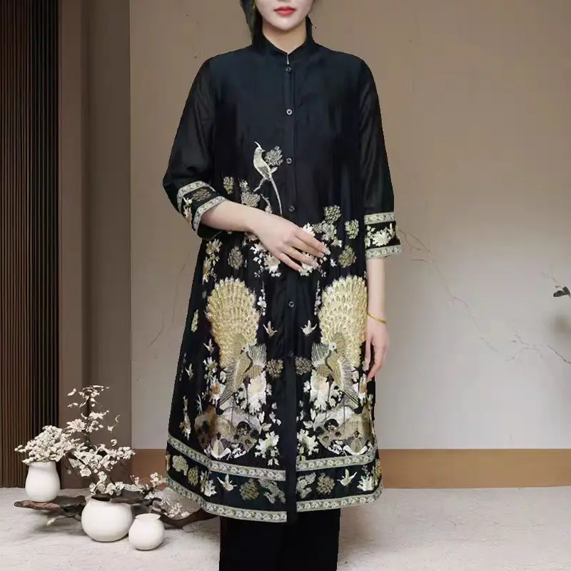 Spring And Summer New Chinese Style Stand Collar Single Breasted Seven Quarter Sleeve Peacock Embroidery Flower Long Coat M-XXL