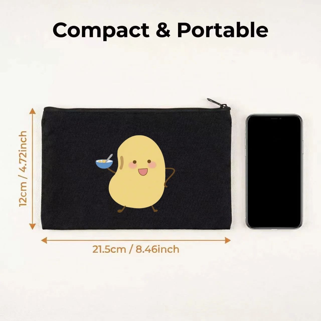 1PC Cute Cartoon Yellow Bean Character Holding Cereal Bowl Canvas Cosmetic Bag Double Sided Portable Travel Zipper Pouch