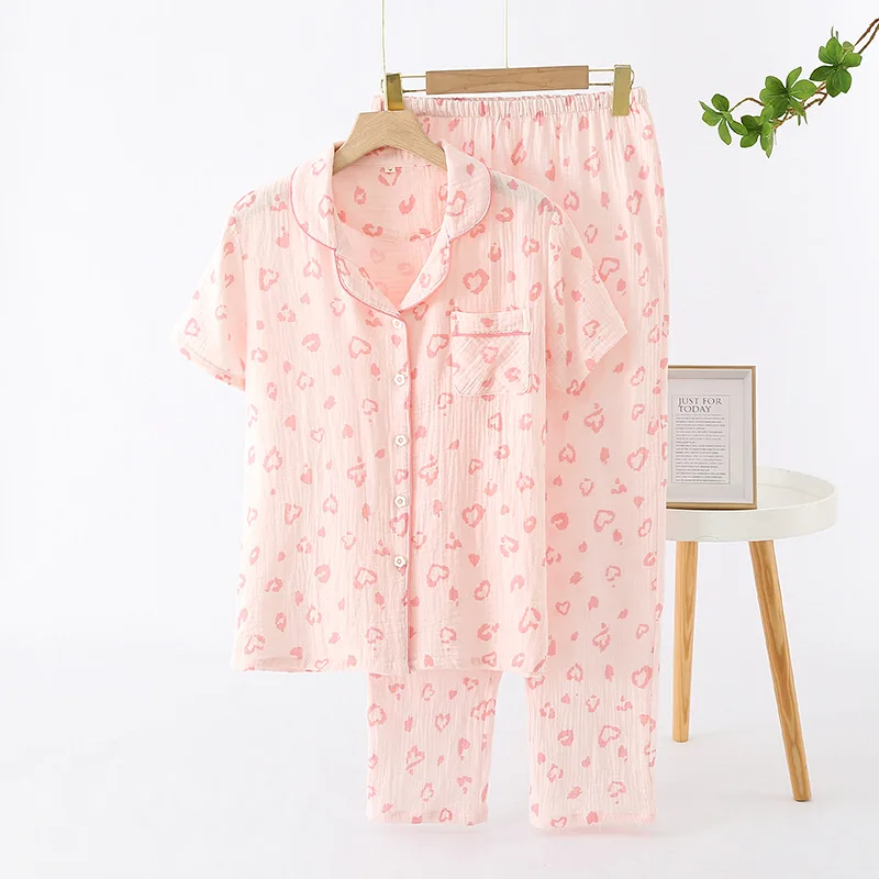 2024 Spring/Summer Women\'s New Pajama Set 100% Cotton Crepe Short Sleeves+Pants Flip Collar Vintage Flower Simple Homewear