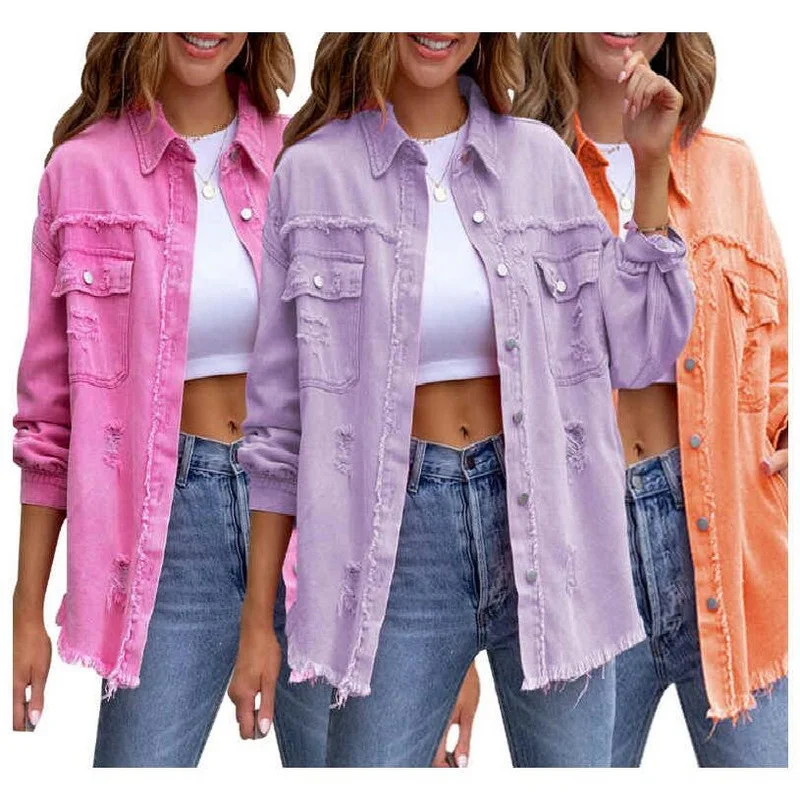 

Women Mid Length Denim Jackets Raw Edg Hole Jean Jackets Spring Autumn Pockets Frayed Thin Cowboy Outwear