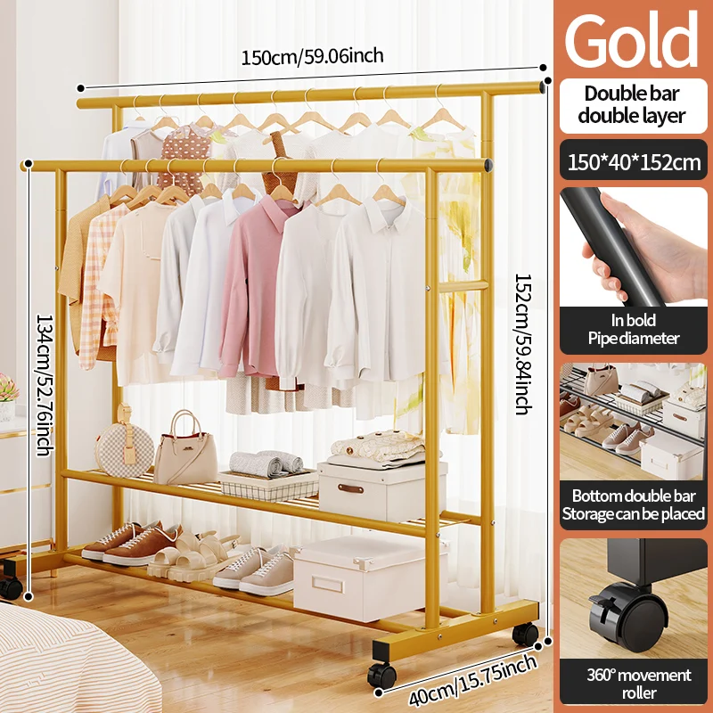 Large capacity movable double rod cloth rack, coat rack, storage device with storage rack, bedroom, balcony metal clothing rack