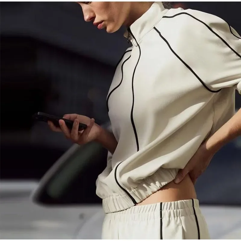 Casual Set Women Tracksuits Long Sleeve Lapel Fashion Zipper Hoodie Tie Elastic Waist Comfortable Striped Pants Sport Suit