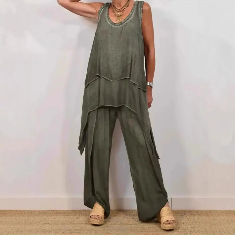 

Women Two Piece Set Stylish Women's Sleeveless Two Piece Set with Irregular Top Wide Leg Pants for Casual Summer Wear Polyester