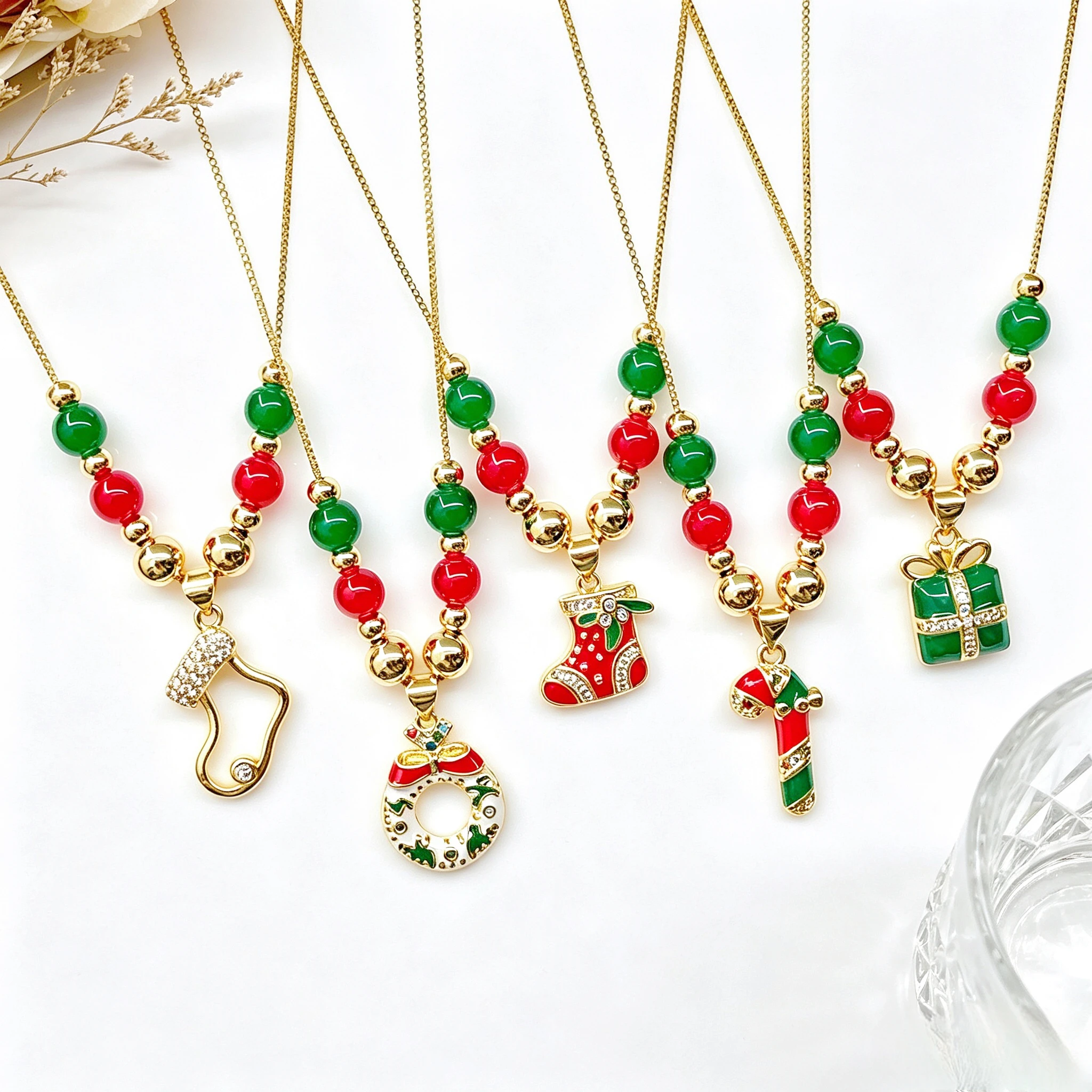 Trendy Enamel Christmas Sock Wreath Bell Gift Xmas Tree Red Green Bead Chain Necklace for Charming Women Party Holiday Jewelry