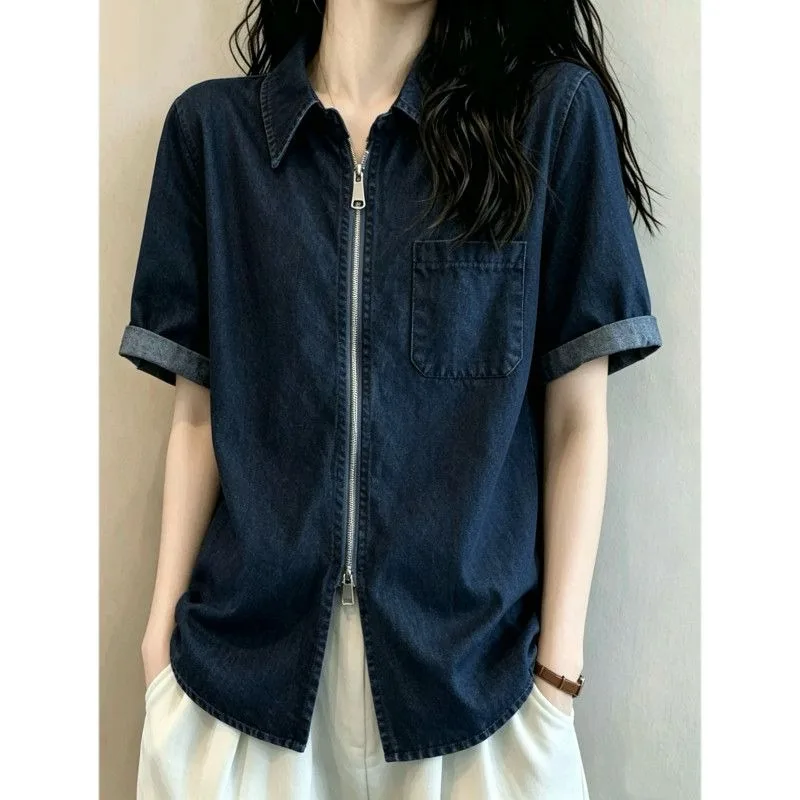 Short-sleeved Shirt Jacket Women's 2026 Summer New Polo Collar Double Zipper Front Shoulder Thin Huge Good-looking Denim Top