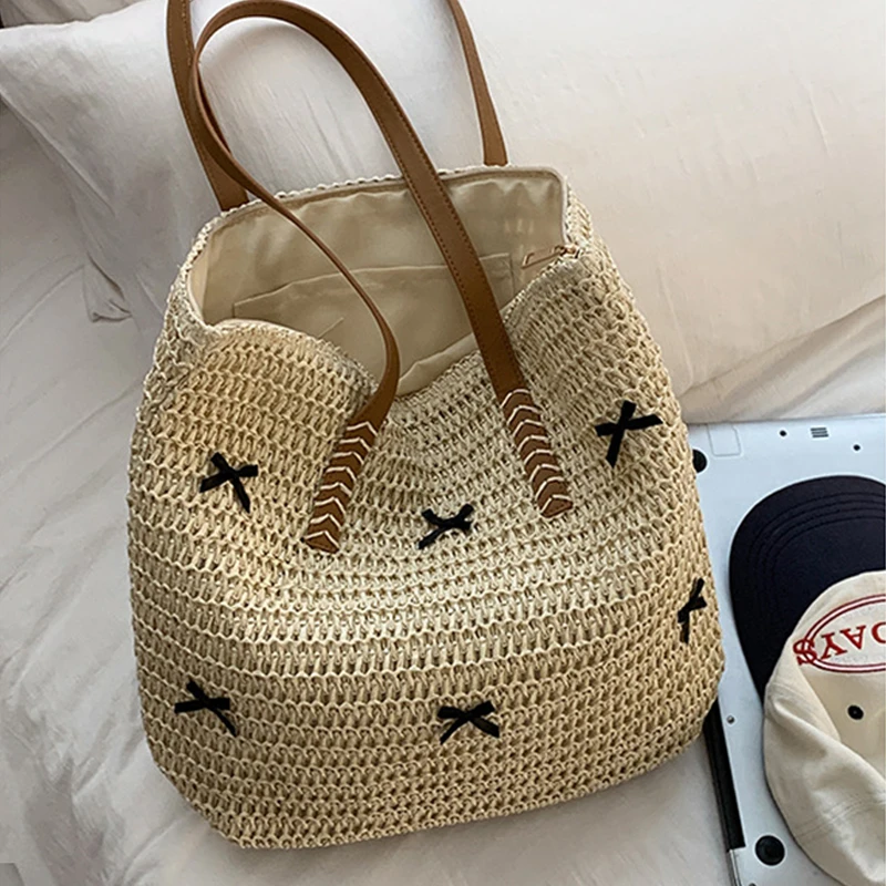 Frauen Top-Griff Taschen Stroh Schwarz Bowknot Schulter Tasche Sommer Strand Stroh Eimer Tasche Gewebte Tote Geldbörse Lässige Reise handtaschen
