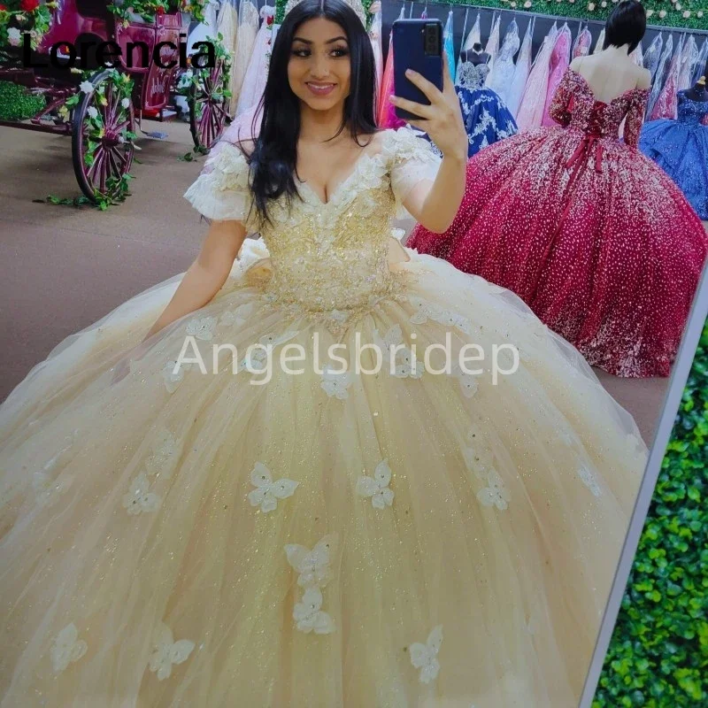 Angelsbride gaun pesta putri chamapne 15 tahun gaun Quinceanera dengan 3D kupu-kupu pesta ulang tahun Vestidos De 15 a00os