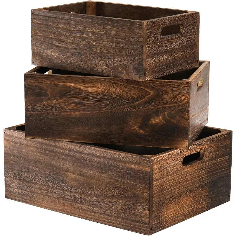 Decorative Farmhouse Wooden Crates Storage Containers Rustic Handmade Natural Solid Wood Basket