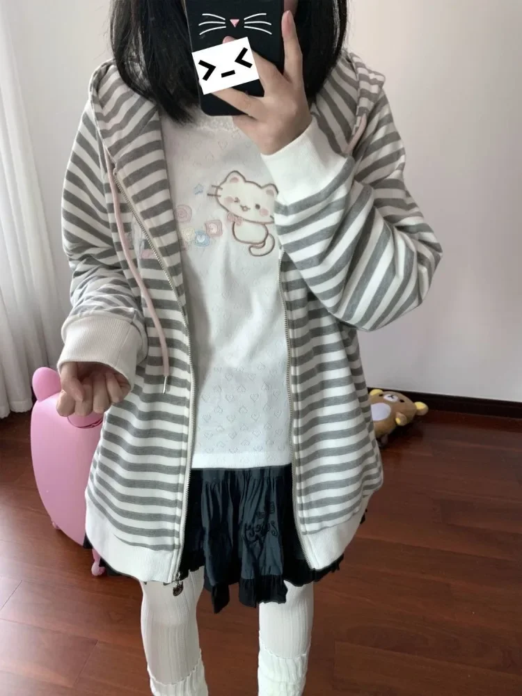 2025 Striped Patchwork Cuteore Kawaii Sweet Hoodies Women Loose Japanese Style Cute Cartoon Embroidery Zipper Hooded Sweatshirt