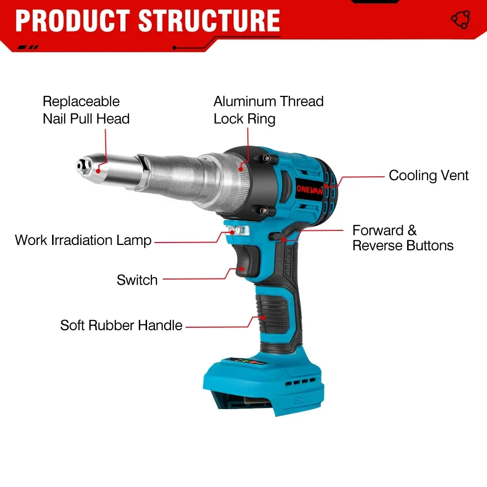 ONEVAN 20000N Brushless Electric Rivet Gun 2.4~5.0mm Cordless Rivet Nut Gun 720W Drill Insert Power Tools For Makita 18V Battery