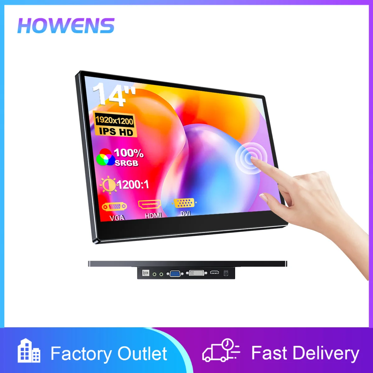 14 inch Portable Touchscreen Monitor 1920x1200 IPS 16:10 500nits HDMI VGA DVI for Laptop PC Industrial POS Kiosk Screen Extender